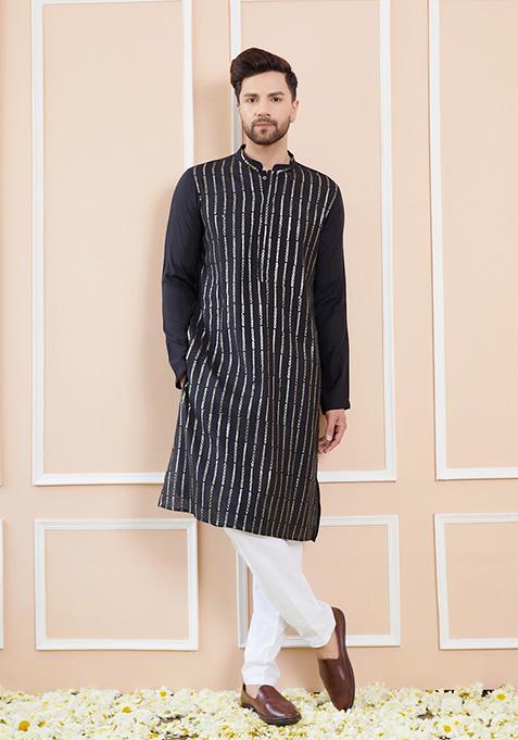 Black Sequin Embroidered Kurta Set For Men