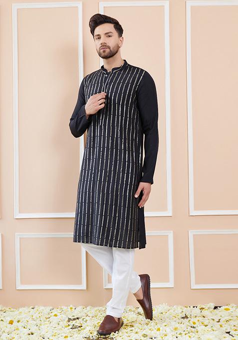 Black Sequin Embroidered Kurta Set For Men