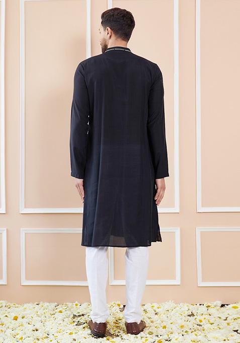 Black Sequin Embroidered Kurta Set For Men