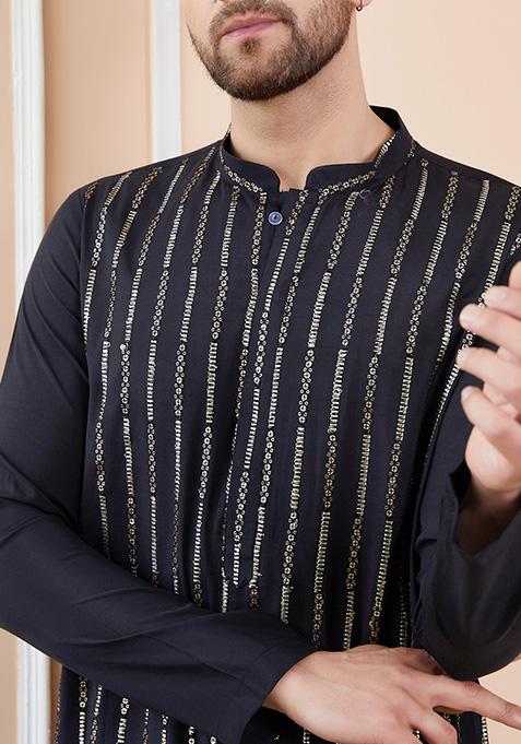 Black Sequin Embroidered Kurta Set For Men