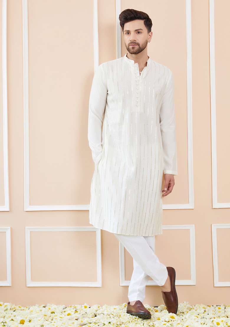 Off White Sequin Embroidered Kurta Set For Men - Indya