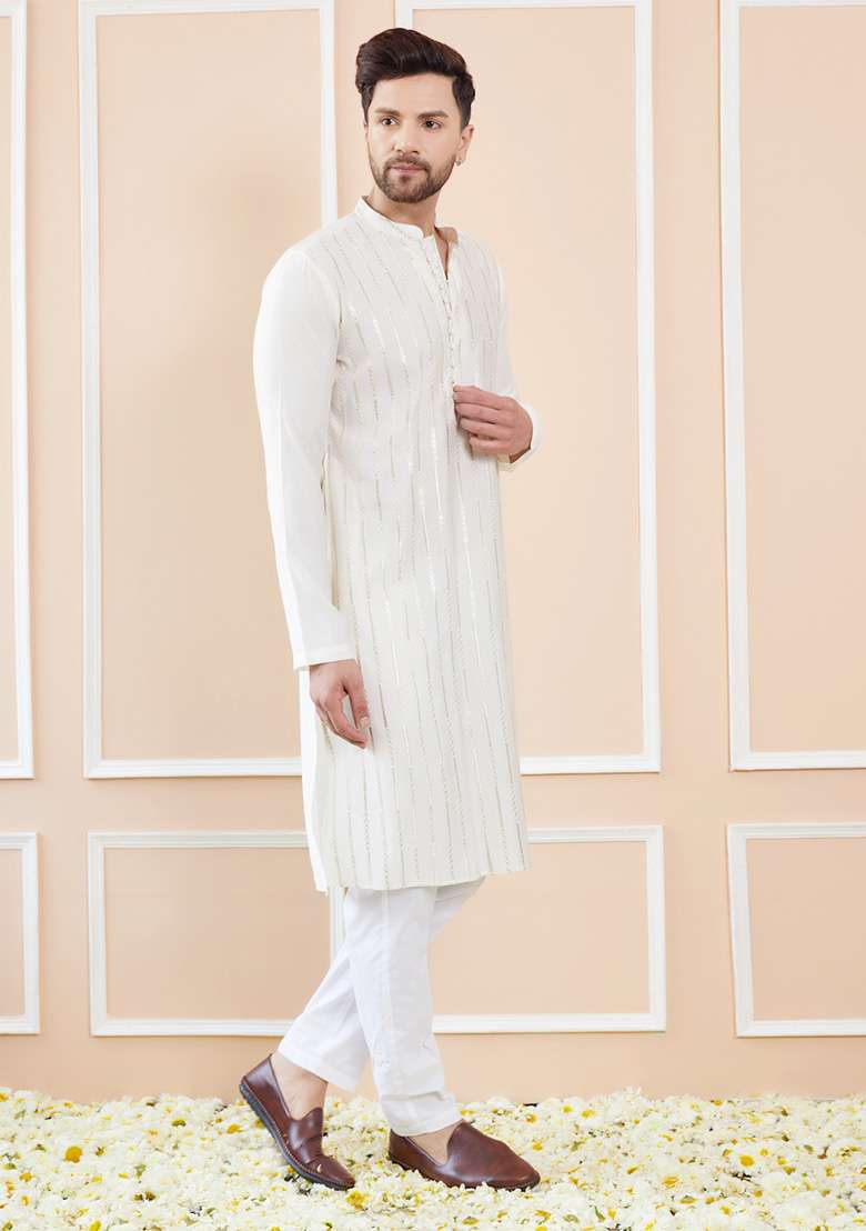 Off White Sequin Embroidered Kurta Set For Men - Indya