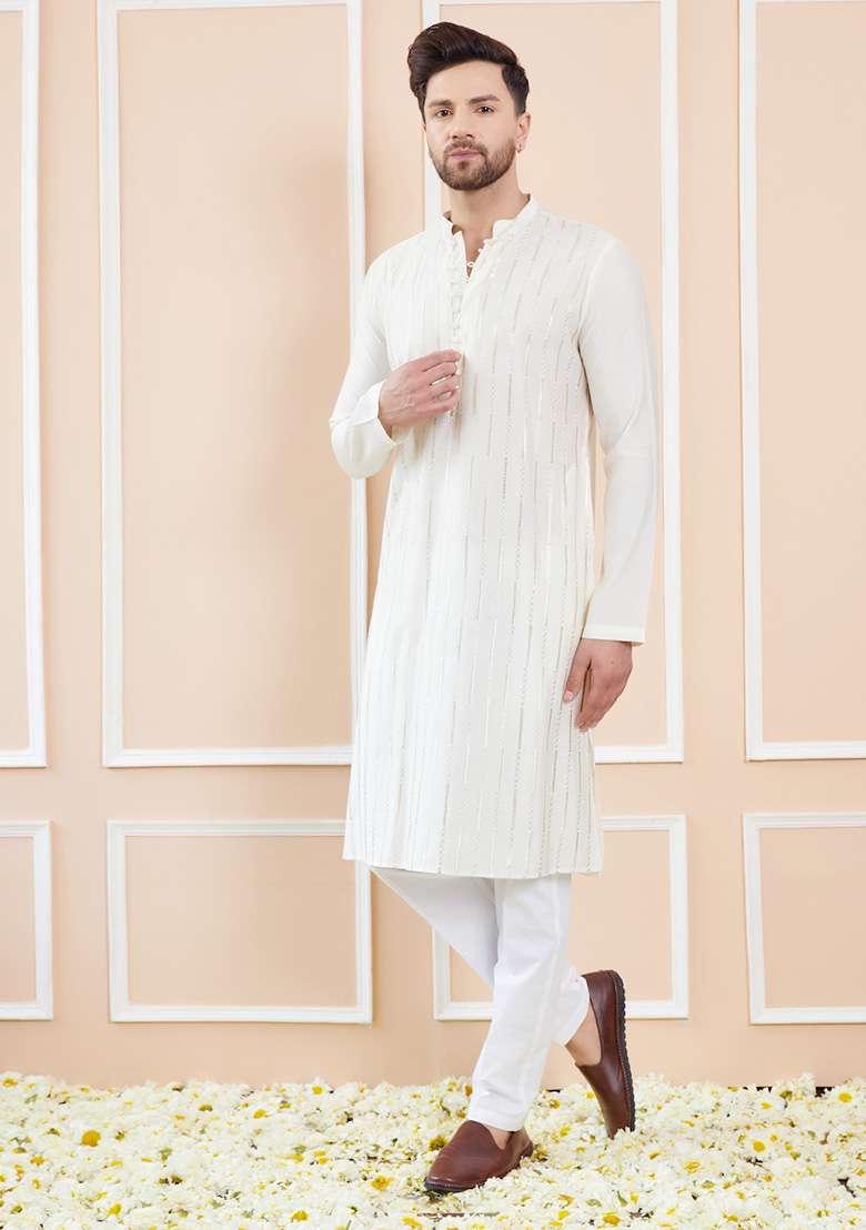 Off White Sequin Embroidered Kurta Set For Men - Indya