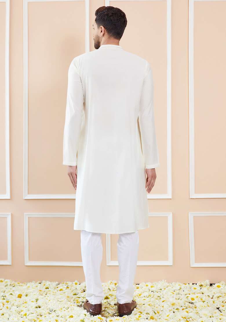 Off White Sequin Embroidered Kurta Set For Men - Indya