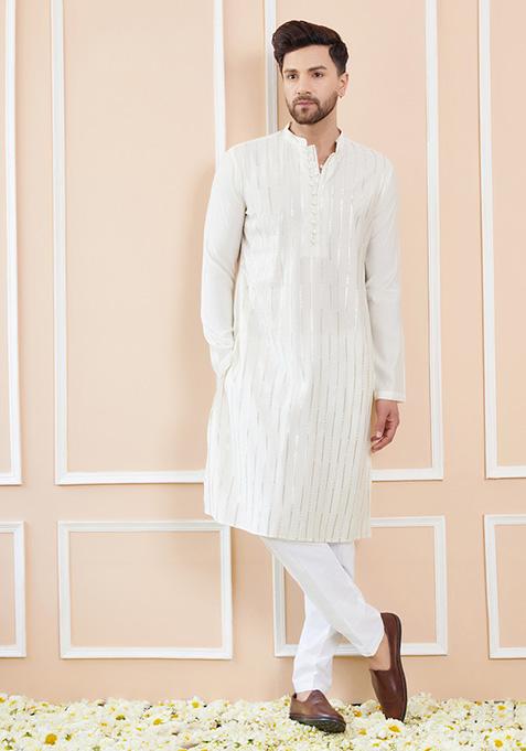 Off White Sequin Embroidered Kurta Set For Men