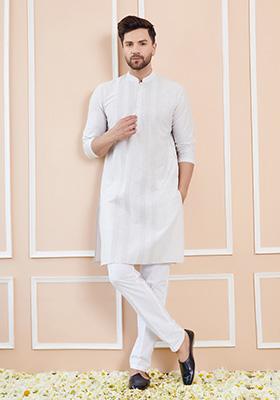 Off White Sequin Embroidered Chanderi Silk Kurta Set For Men