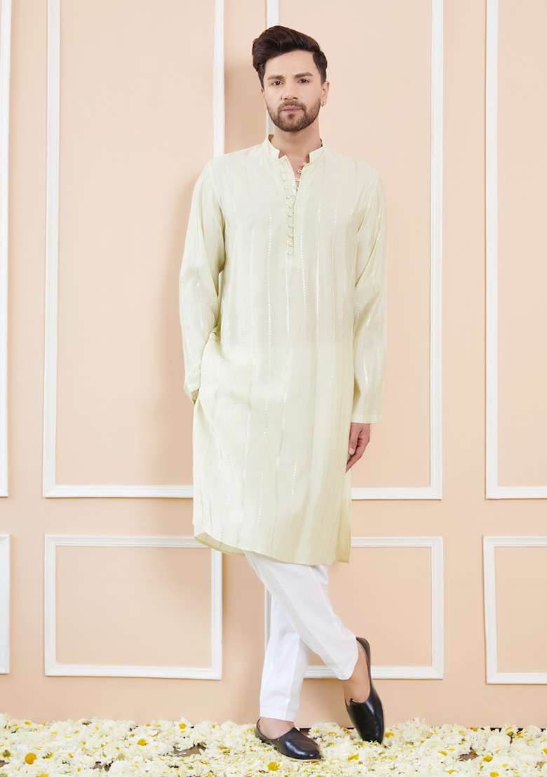 Cream Sequin Embroidered Kurta Set For Men - Indya