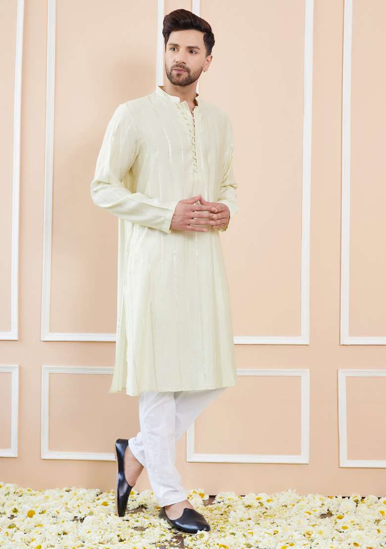 Cream Sequin Embroidered Kurta Set For Men - Indya