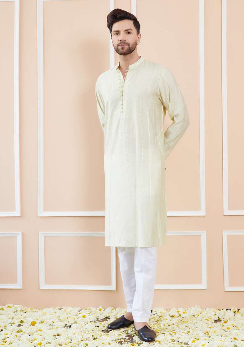 Cream Sequin Embroidered Kurta Set For Men - Indya