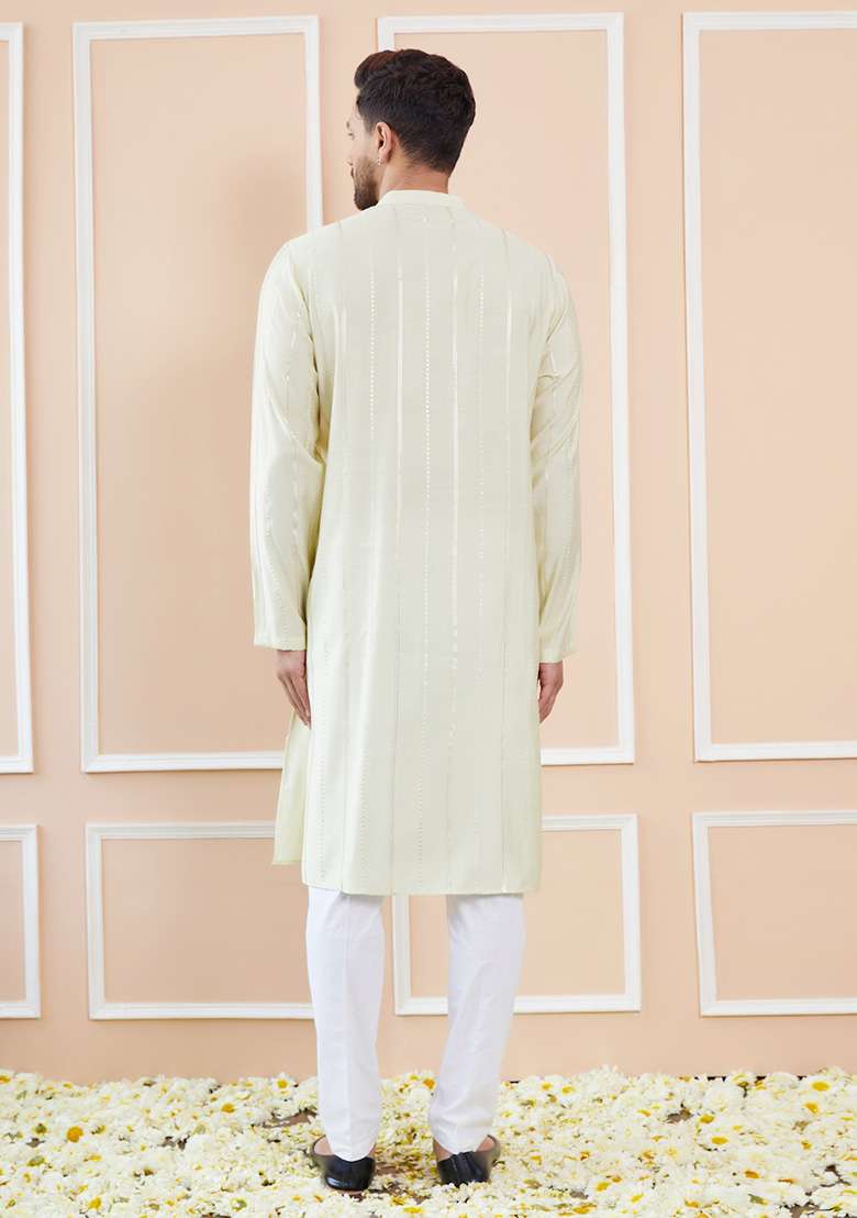 Cream Sequin Embroidered Kurta Set For Men - Indya