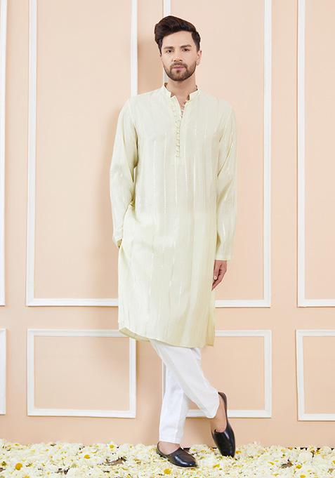 Cream Sequin Embroidered Kurta Set For Men