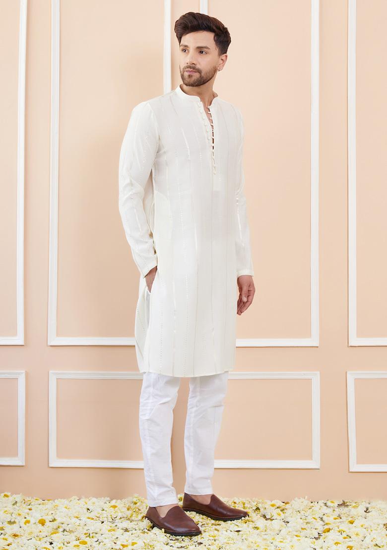 Off White Sequin Embroidered Chanderi Silk Kurta Set For Men