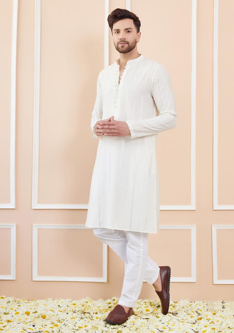 Off White Sequin Embroidered Chanderi Silk Kurta Set For Men