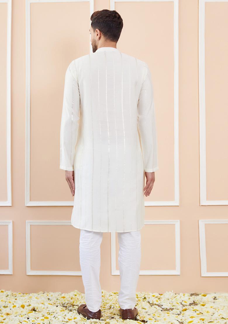 Off White Sequin Embroidered Chanderi Silk Kurta Set For Men