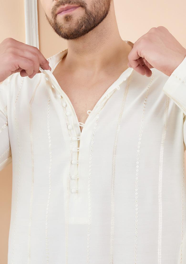 Off White Sequin Embroidered Chanderi Silk Kurta Set For Men