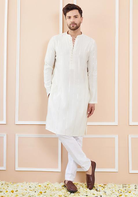 Off White Sequin Embroidered Chanderi Silk Kurta Set For Men