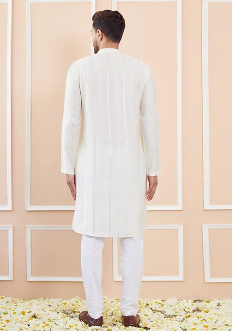 Off White Sequin Embroidered Chanderi Silk Kurta Set For Men
