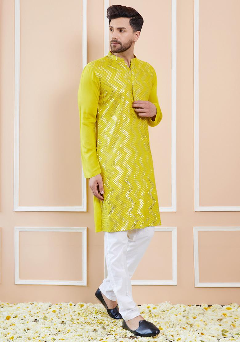 Lime Green Sequin Embroidered Kurta Set For Men