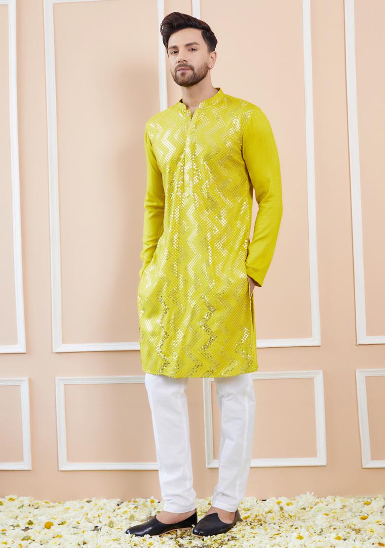 Lime Green Sequin Embroidered Kurta Set For Men