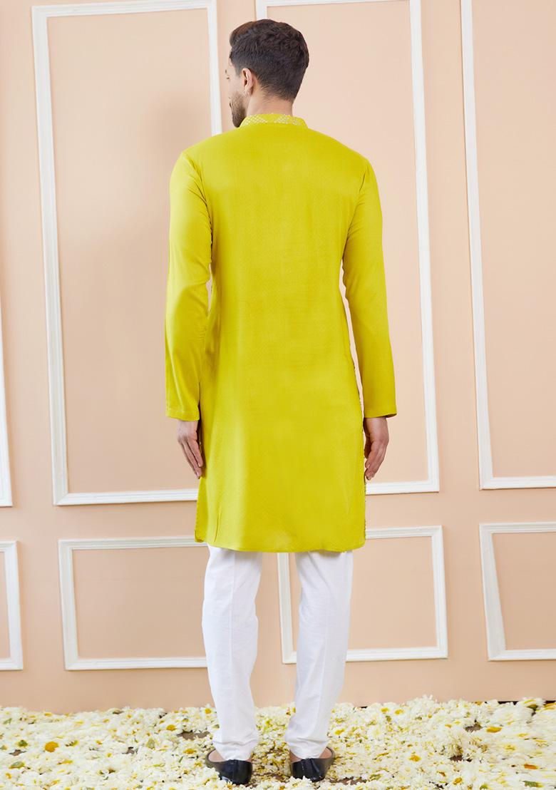 Lime Green Sequin Embroidered Kurta Set For Men