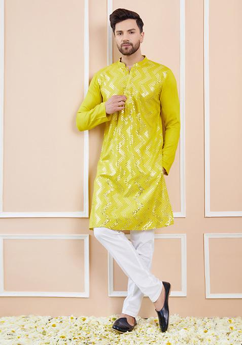 Lime Green Sequin Embroidered Kurta Set For Men