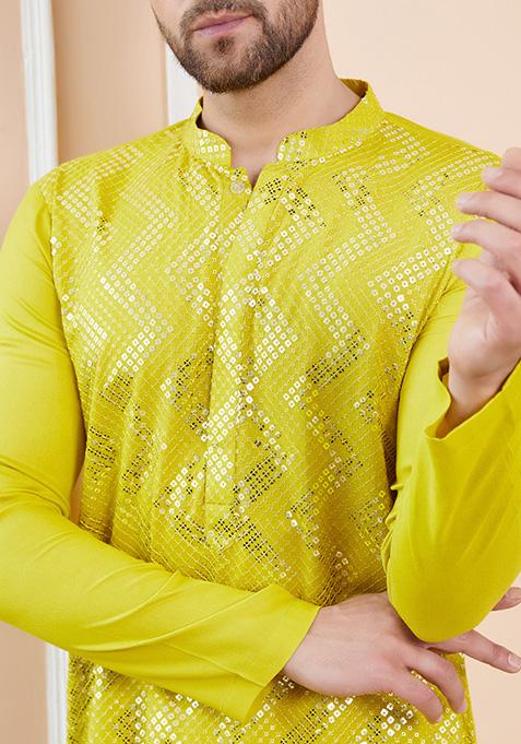 Lime Green Sequin Embroidered Kurta Set For Men