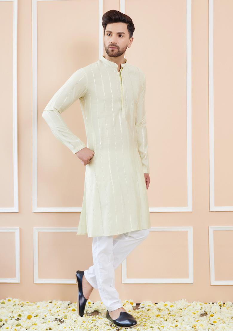 Cream Sequin Embroidered Kurta Set For Men - Indya
