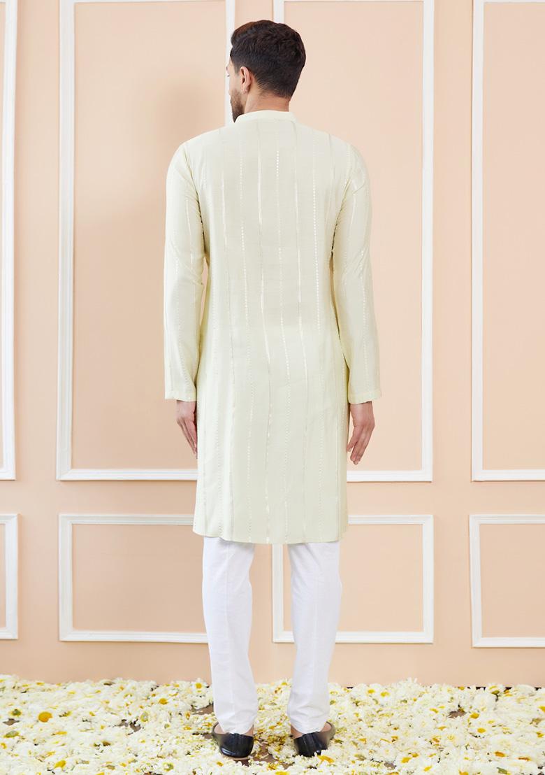 Cream Sequin Embroidered Kurta Set For Men - Indya