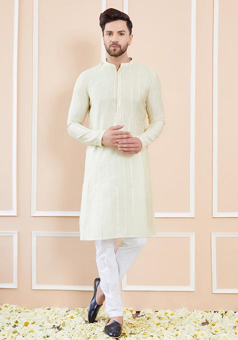 Cream Sequin Embroidered Kurta Set For Men