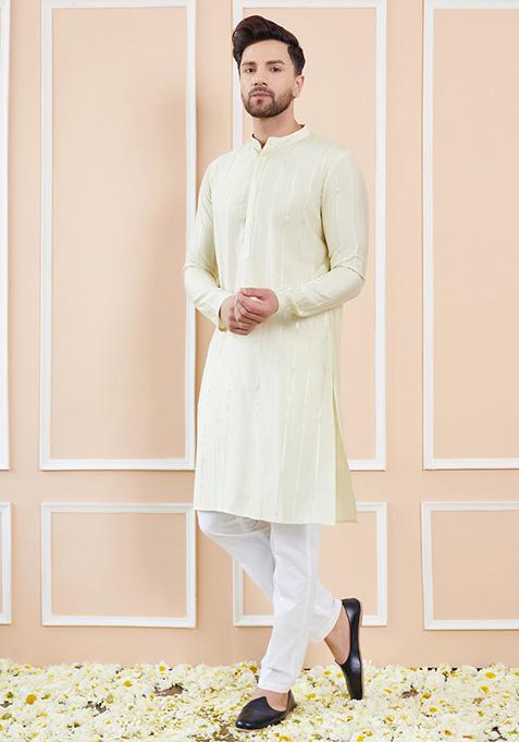 Cream Sequin Embroidered Kurta Set For Men