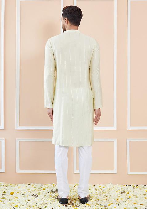 Cream Sequin Embroidered Kurta Set For Men