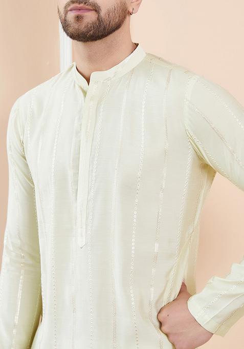 Cream Sequin Embroidered Kurta Set For Men