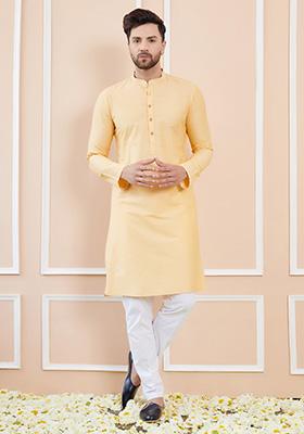 Beige Solid Kurta Set For Men