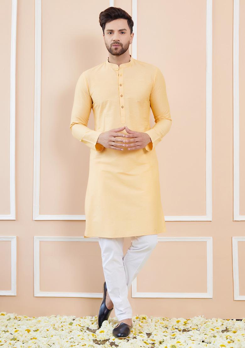 Beige Solid Kurta Set For Men
