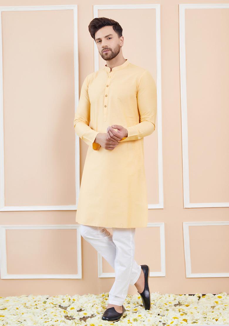 Beige Solid Kurta Set For Men
