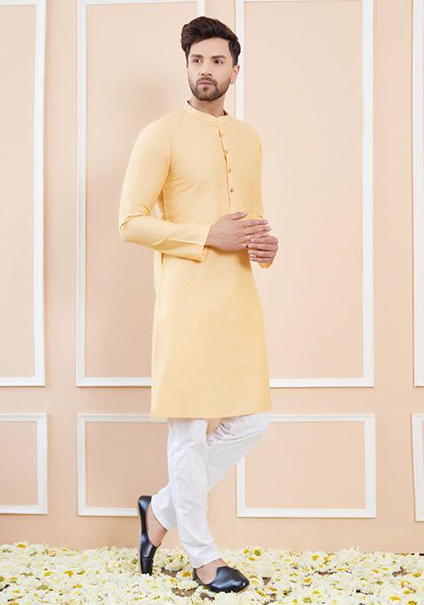 Beige Solid Kurta Set For Men