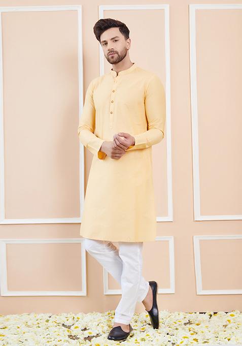 Beige Solid Kurta Set For Men