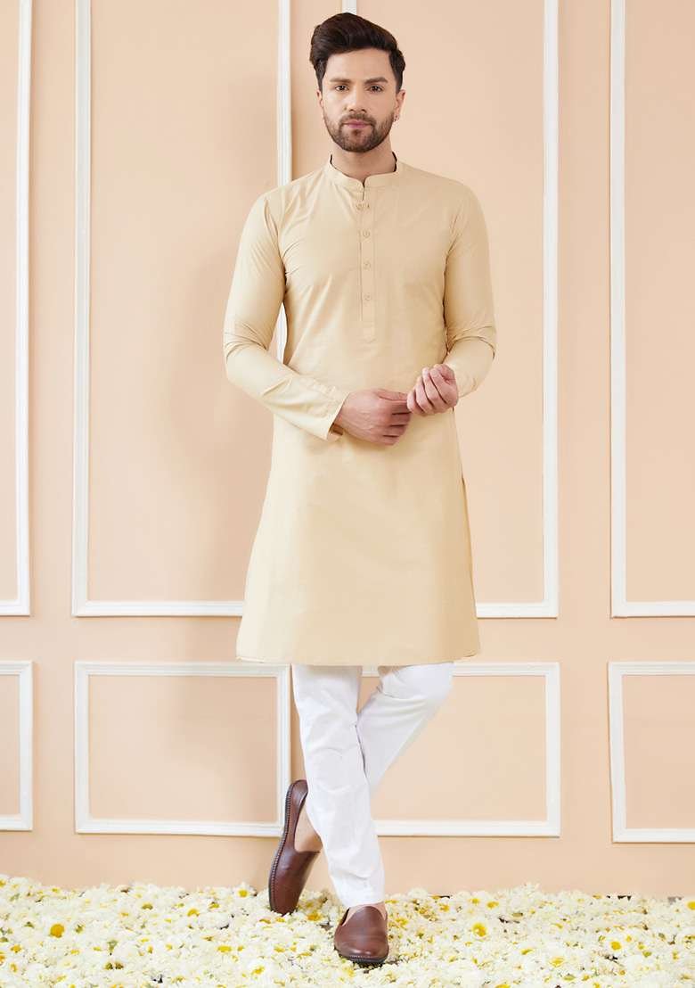 Cream Solid Cotton Kurta Set For Men - Indya