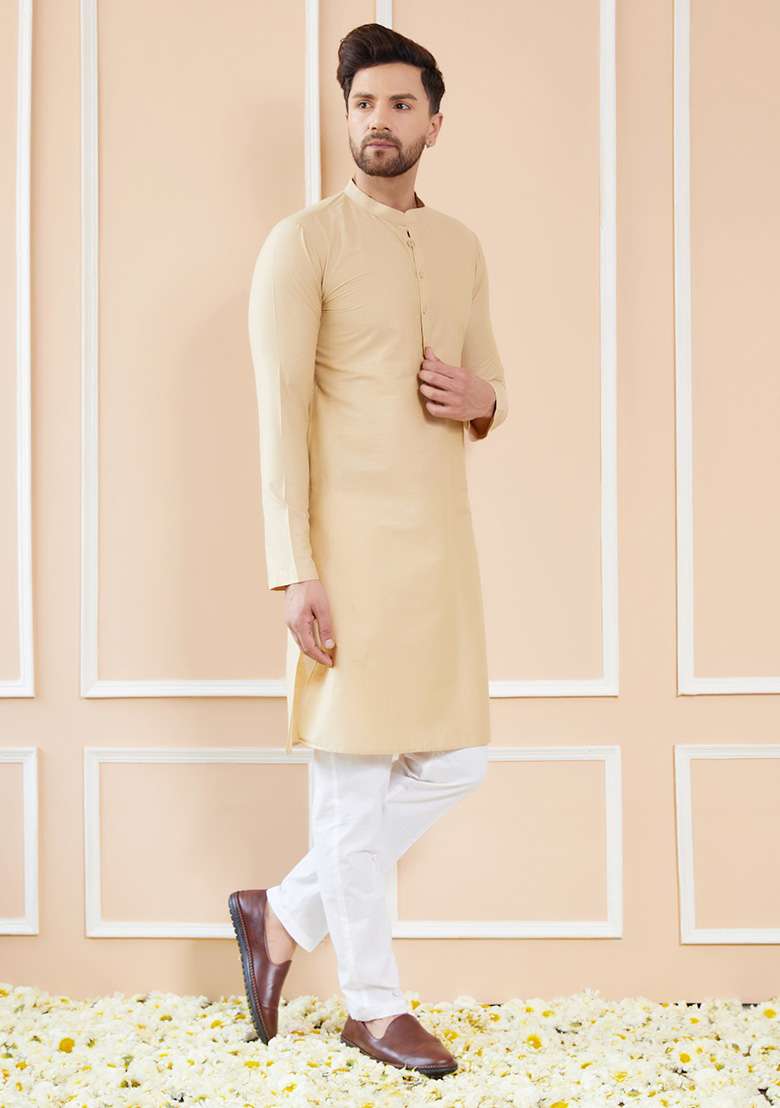Cream Solid Cotton Kurta Set For Men - Indya