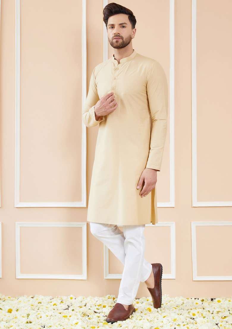 Cream Solid Cotton Kurta Set For Men - Indya