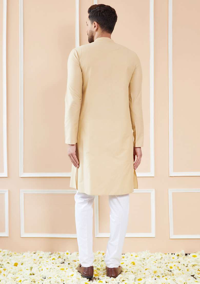 Cream Solid Cotton Kurta Set For Men - Indya