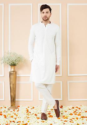 White Sequin Embroidered Kurta Set For Men