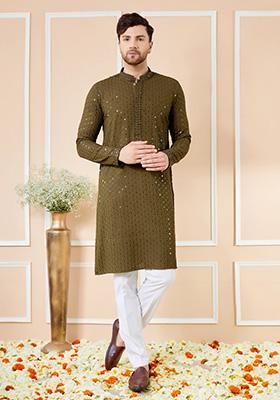 Olive Sequin Embroidered Straight Kurta Set For Men