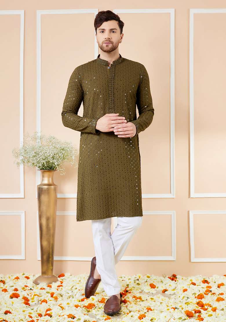 Olive Sequin Embroidered Straight Kurta Set For Men - Indya
