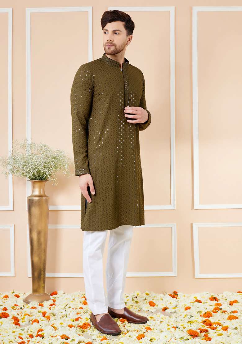Olive Sequin Embroidered Straight Kurta Set For Men - Indya