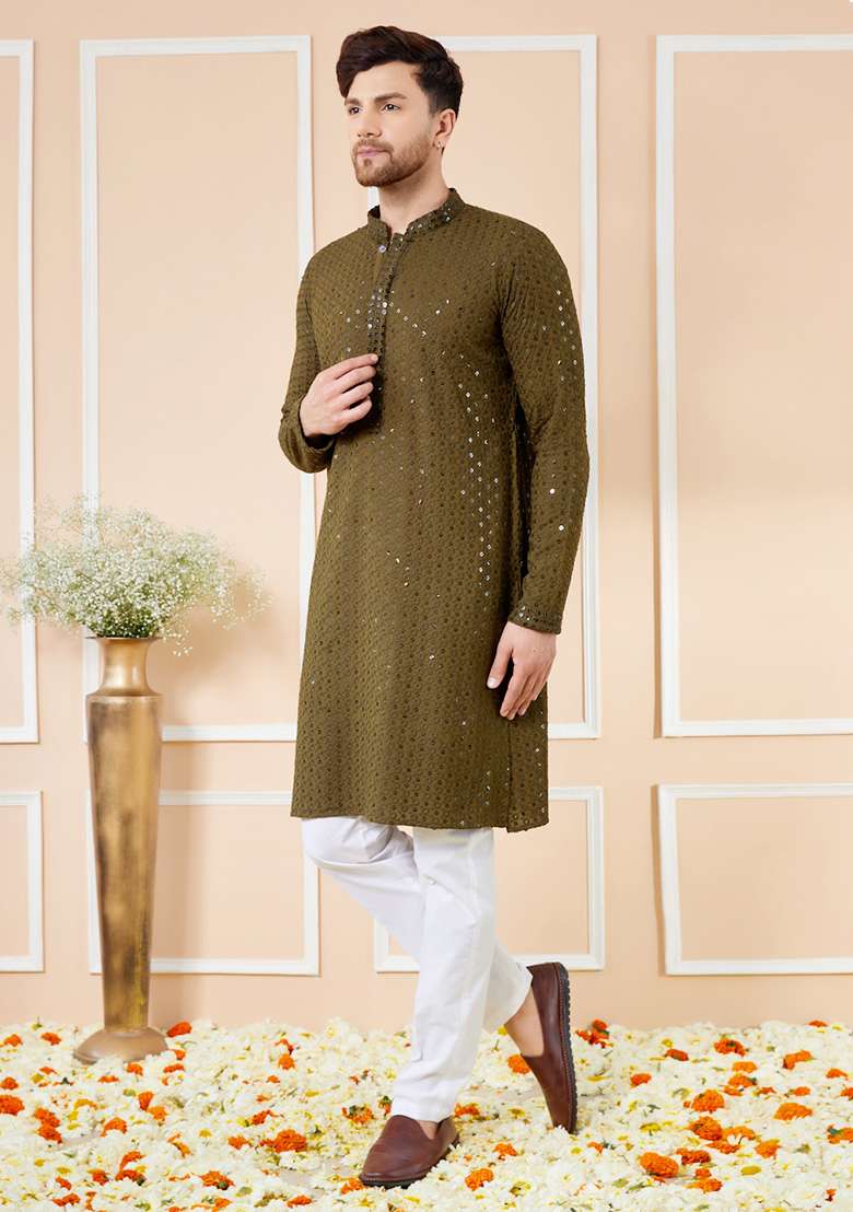 Olive Sequin Embroidered Straight Kurta Set For Men - Indya
