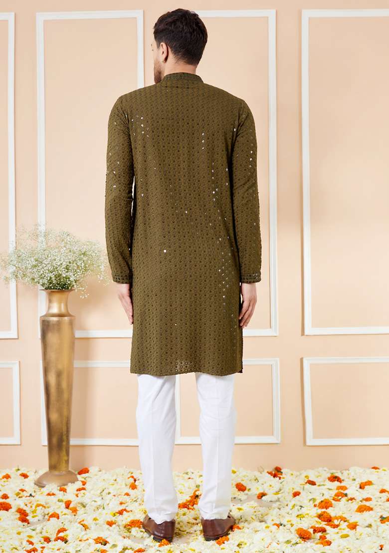 Olive Sequin Embroidered Straight Kurta Set For Men - Indya