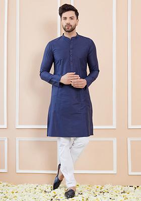 Blue Solid Cotton Kurta Set For Men