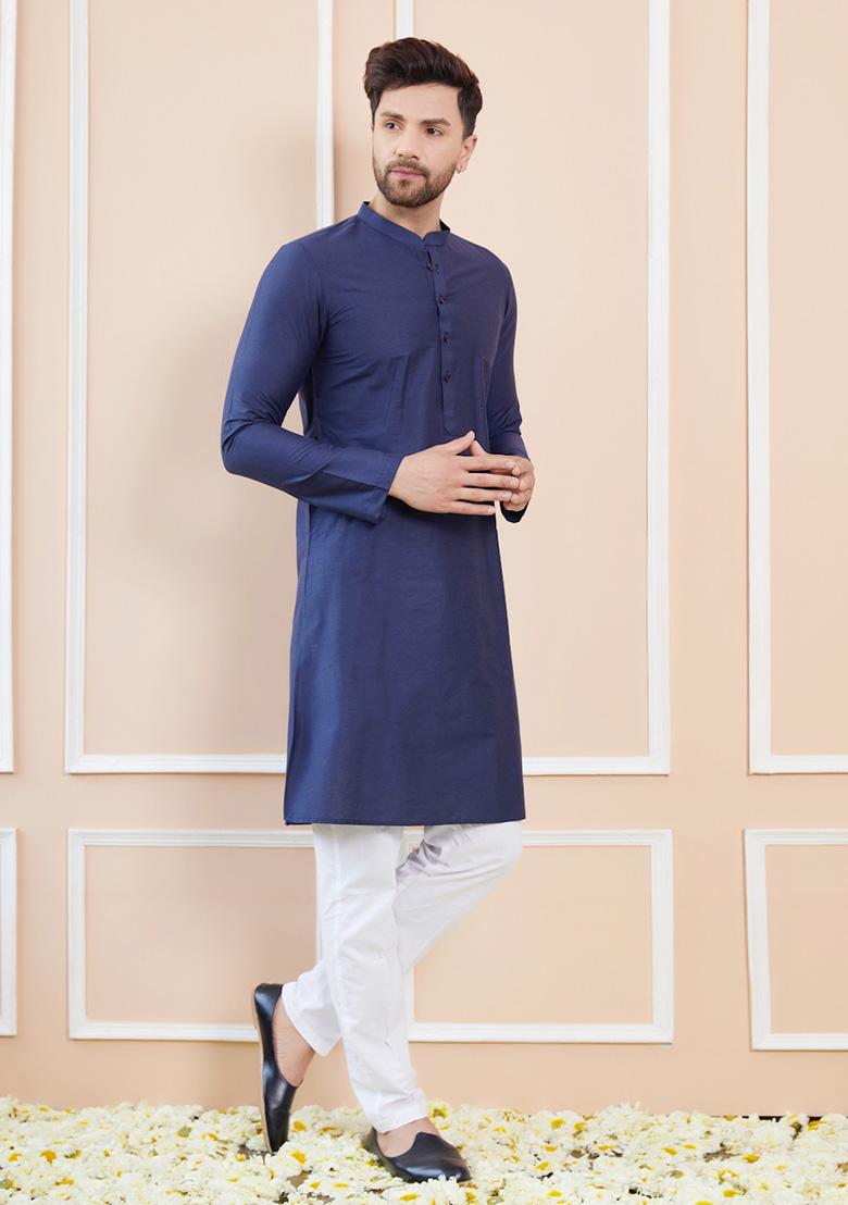 Blue Solid Cotton Kurta Set For Men