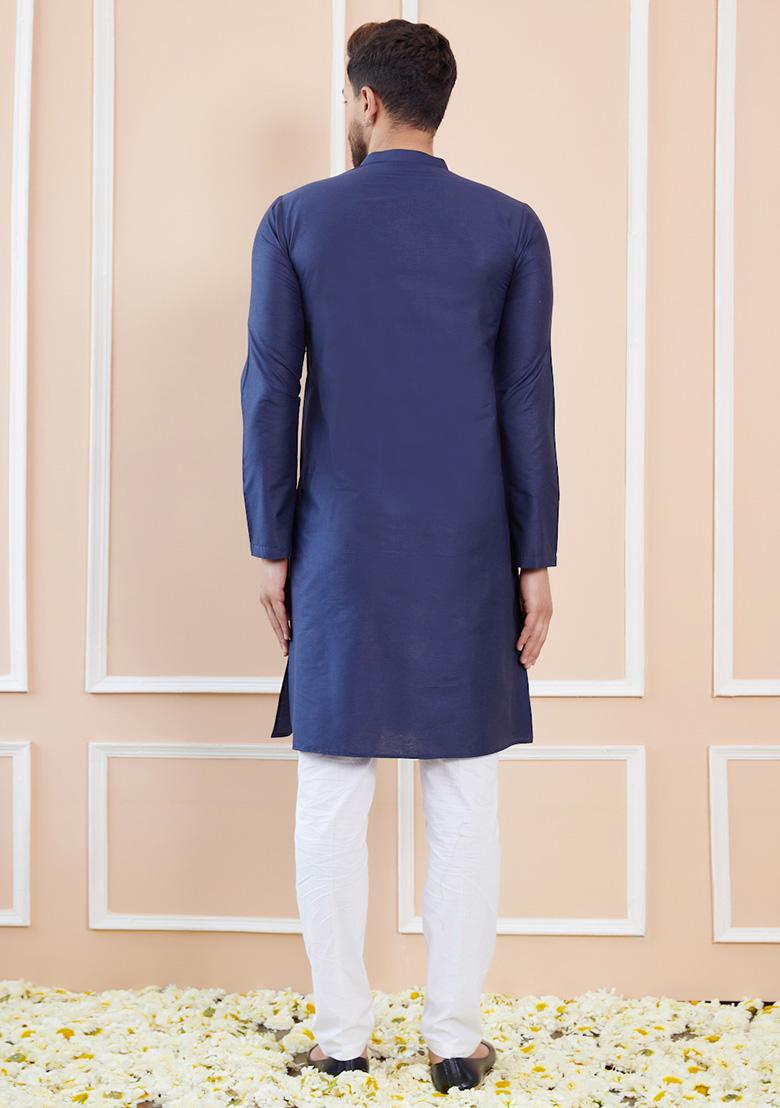 Blue Solid Cotton Kurta Set For Men